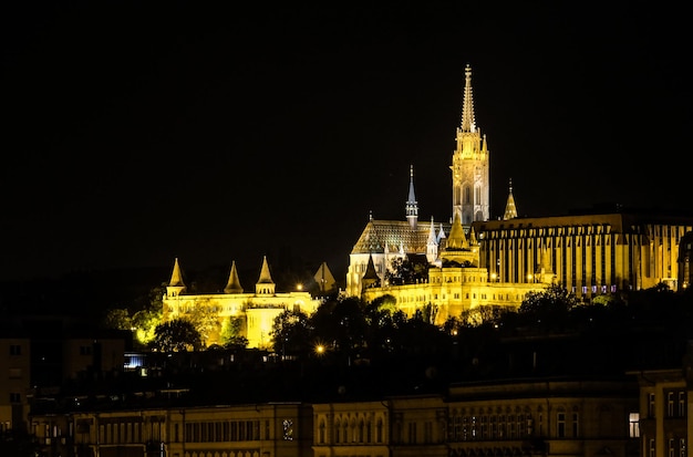 A night view from the danube river of the Mathias Church in Budapest