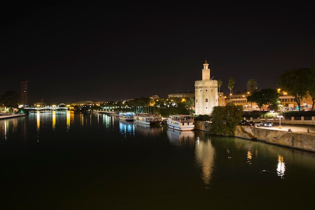 スペイン、セビリアのグアダルキビル川の夜景