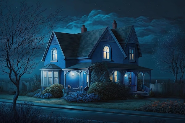 Night view of a house with blue windows in suburbs of city