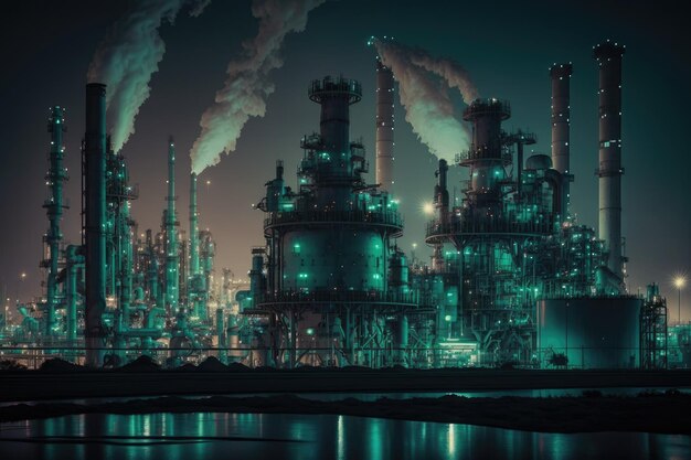 Night view of illuminated factory buildings and oil tanks in refinery complex created with generativ