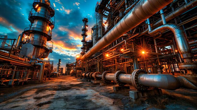 Foto vista notturna di un impianto chimico industriale che evidenzia gli aspetti tecnologici e ambientali dell'industria petrolchimica