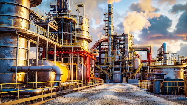 Night view of an industrial refinery showcasing the complex network of pipes and the impact of chemical engineering