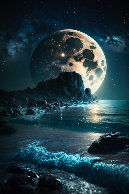 Night view of a large full moon against the background of the milky way and beach with ocean waves Generative ai