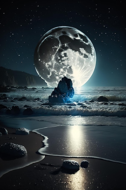 은하수와 파도가 있는 해변을 배경으로 한 큰 보름달의 야경 Generative ai