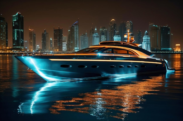 地平線上にある大型のライトアップされた豪華ヨットの夜景、ヨットからの色とりどりの光が海面に反射