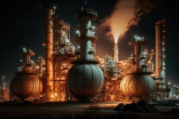 Photo night view of large oil refinery complex with flame turbines and storage tanks created with generati