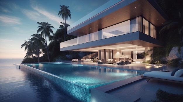 A night view of a luxury villa with a pool and palm trees