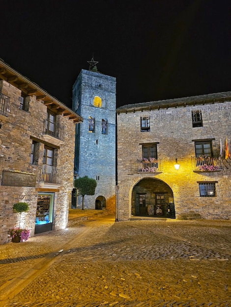 Night view of the main square of Ainsa in the Pyrenees of Huesca