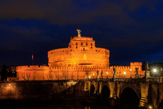 Night view of Mausoleum of Hadrian known as Castel Sant Angelo Castle of the Holy Angel in Rome Italy