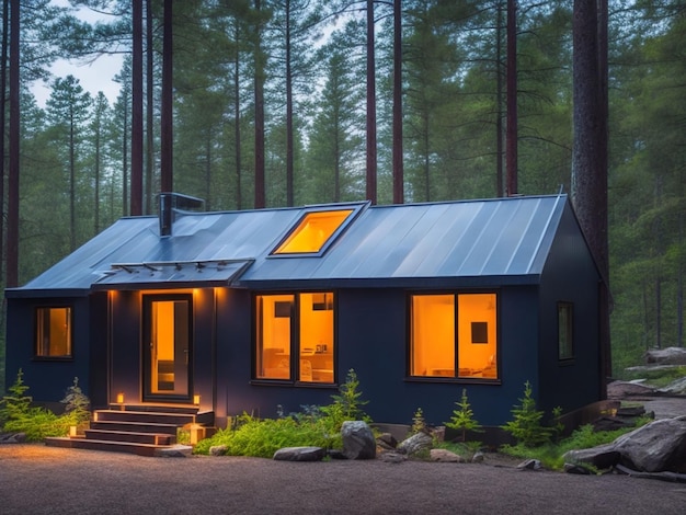 Night view of a modern chalet in a pine forest