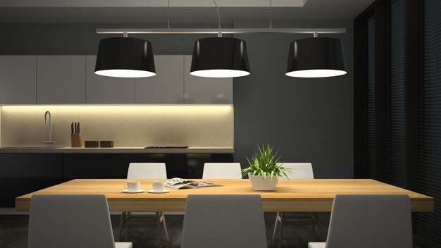 Night view modern interior of dining room 3d rendering