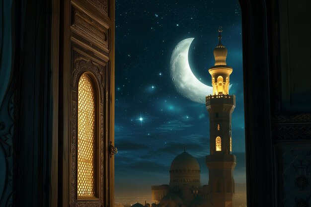 Night View of a Mosque Through an Open Door