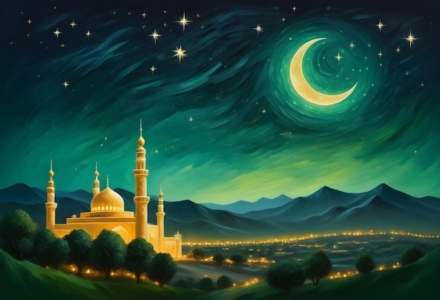 a night view of a mosque with a crescent moon and stars above it