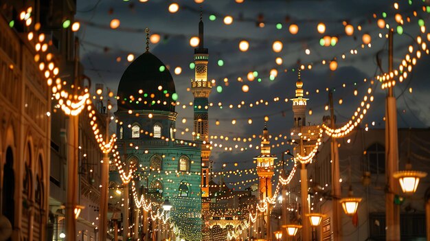 Photo the night view of a mosque with green dome and two minarets the mosque is decorated with colorful lights for a festival