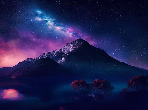 Night view of the mountains against the galaxy sky in the background AI generated