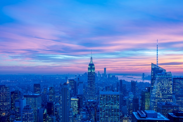 Night view of New York Manhattan during sunset