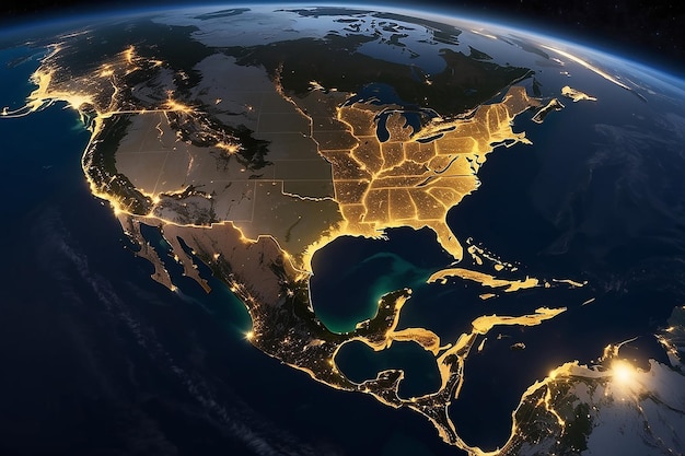 Night view of North America from the satellite to the glowing lights of towns on the sunrise from the east