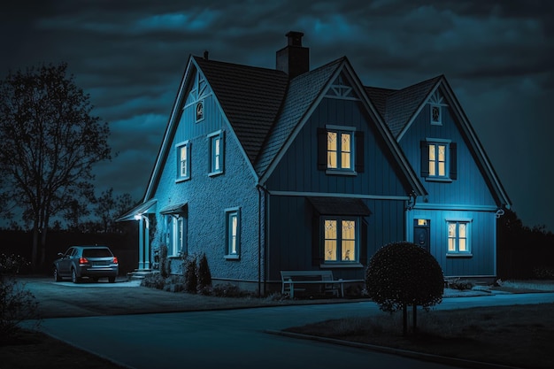 Фото Ночной вид на дом с голубыми окнами в пригороде города