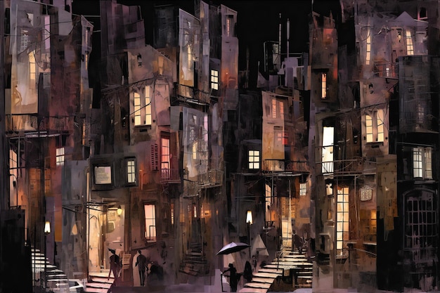 Night view of old houses in Prague Czech Republic Digital painting