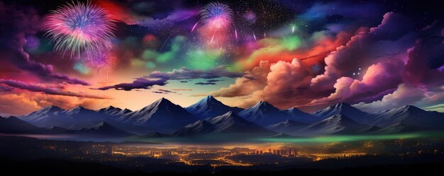 写真 色とりどりの花火のパノラマ・バナーで新年を祝う夜景 generative ai