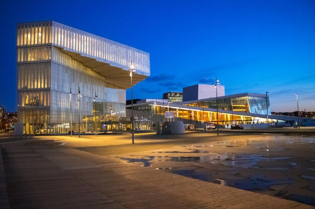 Night view of the opera house national oslo opera house in\
norway