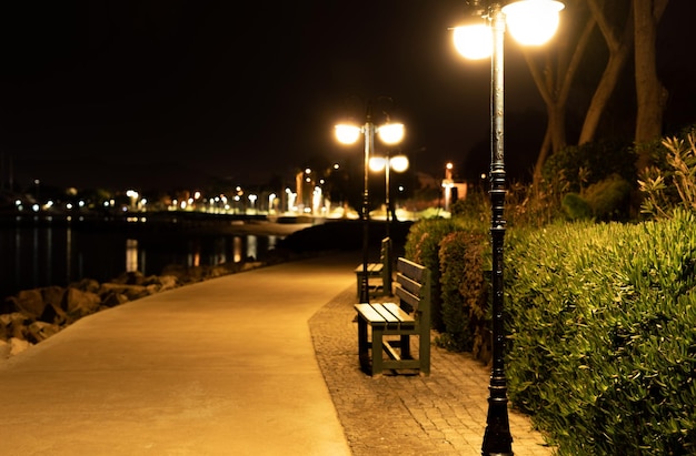 Foto di vista notturna della linea costiera di bodrum nella città di turgutreis