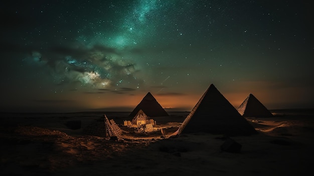A night view of pyramids with the milky way in the background