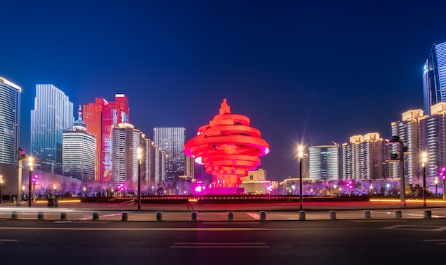 Night view of Qingdao urban architectural landscape

