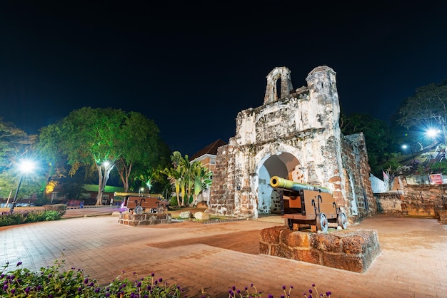 Night View of the Remains of A Famosa Portuguese Fort in Melaka Malaysia