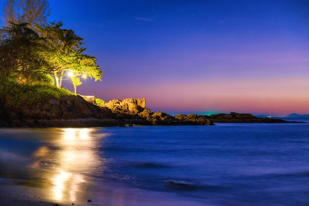 Night view of sand beach sea and rocky shore with trees at tropical island