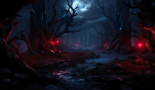 Night view of scary forest with red light