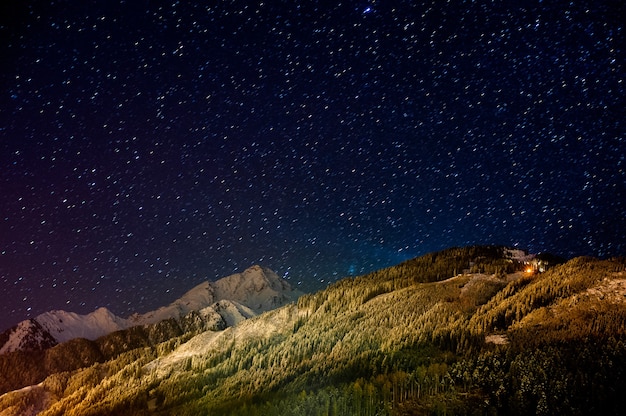 A night view of the snow-capped Alps in Austria.