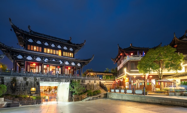 Night view of street buildings in Huizhou ancient city