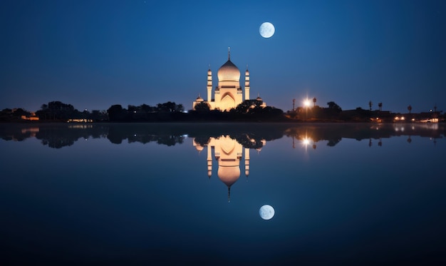 A night view of the taj mahal with the moon in the sky