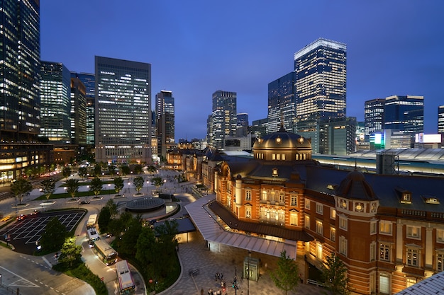 The night view of The Tokyo Station with the skyscrapers 