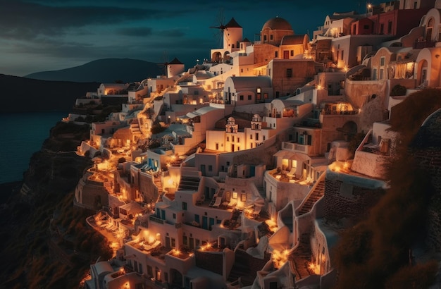 A night view of a village with lights on the top