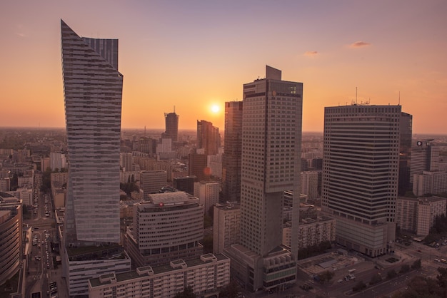 Night view of Warsaw modern business district from viewpoint of Culture and science palace