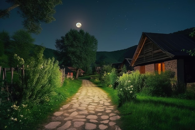 Night in the village with a full moon in the sky and a stone path