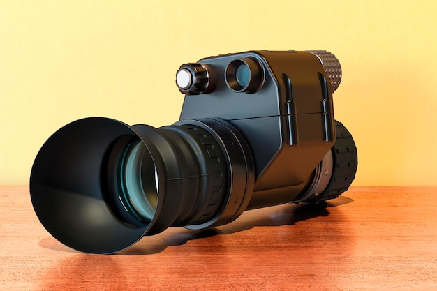 Night Vision Monocular on the wooden table 3D rendering