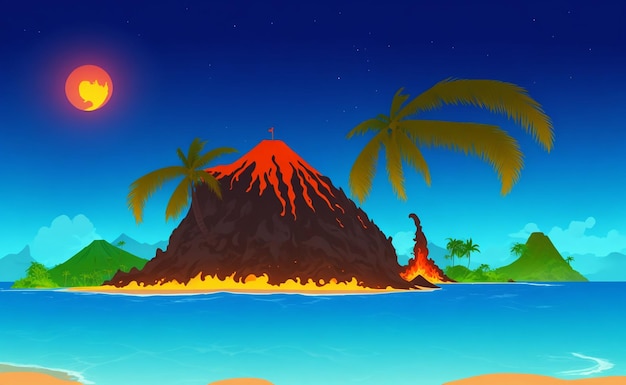 Photo night volcano island in ocean cartoon vector background exotic tropical isle beach