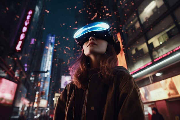 Night walk in virtual reality Portrait of girl wearing virtual reality glasses