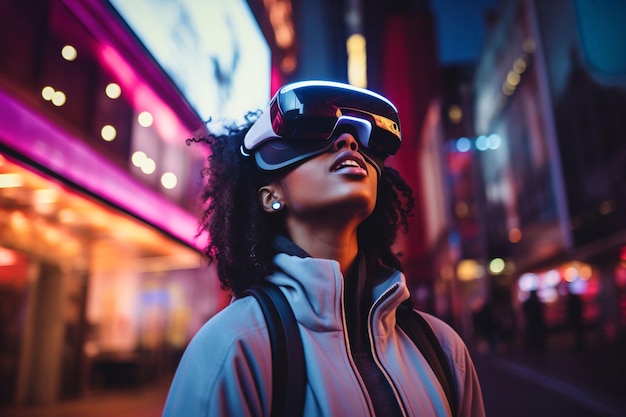 Night walk in virtual reality Portrait of girl wearing virtual reality glasses