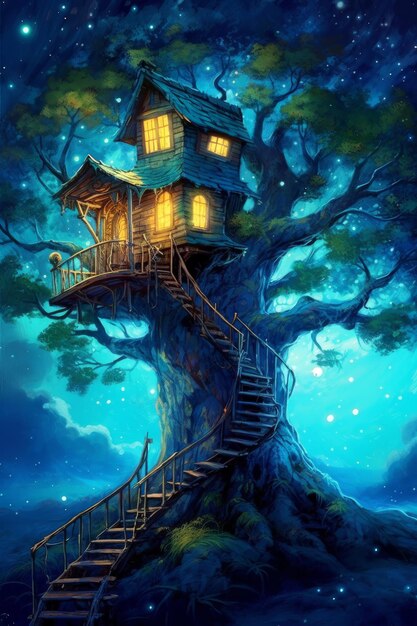Night wallpaper tree house