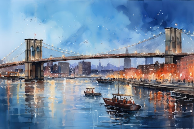 Night watercolor East River and Brooklyn Bridge New York cityscape Generative AI