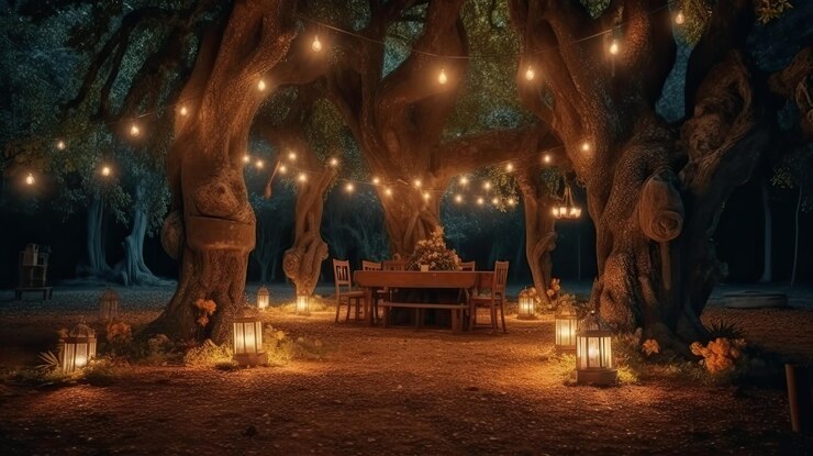 Photo night wedding background with a lot of candles and vintage lamps on big tree generative ai art