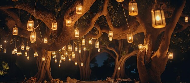 Photo night wedding ceremony with a lot of lights candles lanterns