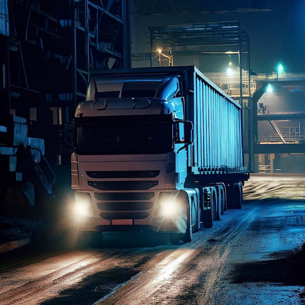 Night white trucking delivers cargo to steel warehouse