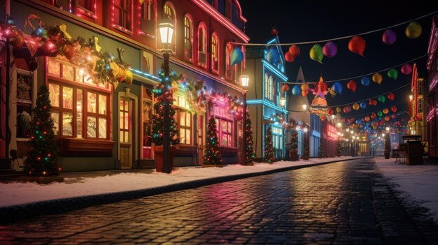 Photo night winter christmas christmas decoration a colorful brick street lined with row houses photorealistic landscapes traditional street scenes colorful woodcarvings delicate colors