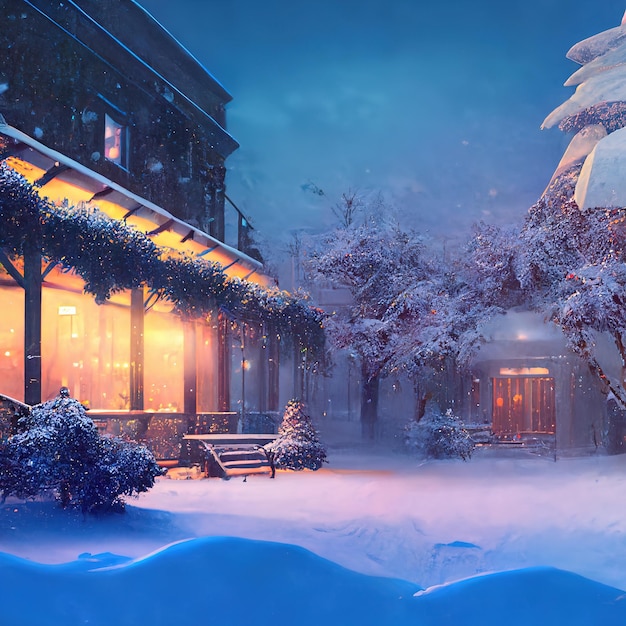 Night winter landscape on the alley of the city park 3D illustration