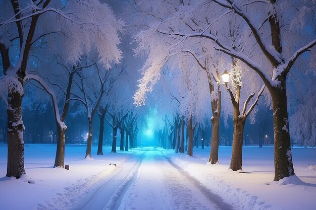 Ночной зимний пейзаж в переулке городского парка